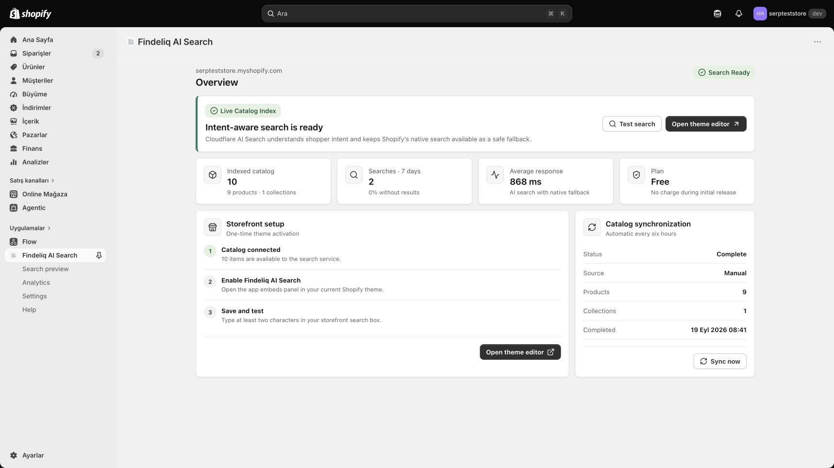 Findeliq Overview showing Search Ready and completed manual catalog synchronization
